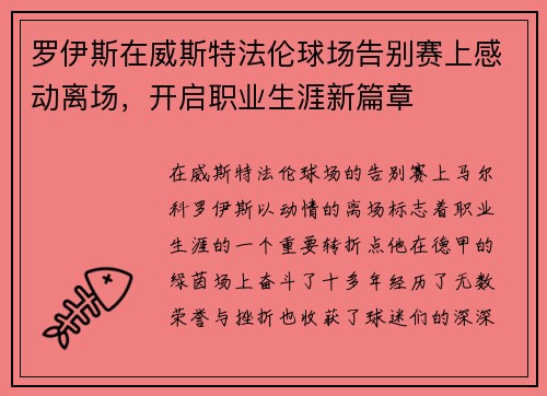 罗伊斯在威斯特法伦球场告别赛上感动离场，开启职业生涯新篇章