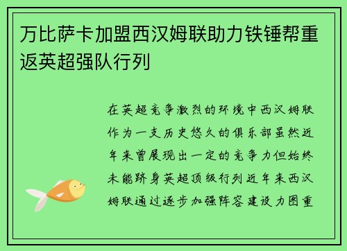 万比萨卡加盟西汉姆联助力铁锤帮重返英超强队行列 万比萨卡加盟西汉姆联助力铁锤帮重返英超强队行列