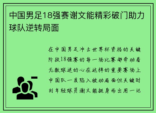 中国男足18强赛谢文能精彩破门助力球队逆转局面