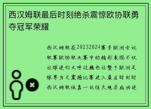 西汉姆联最后时刻绝杀震惊欧协联勇夺冠军荣耀