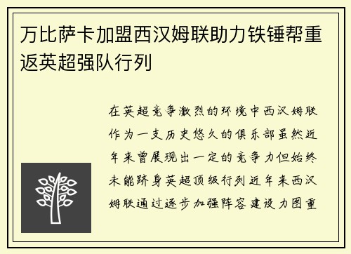 万比萨卡加盟西汉姆联助力铁锤帮重返英超强队行列 万比萨卡加盟西汉姆联助力铁锤帮重返英超强队行列